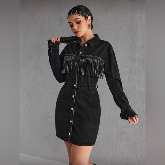 SHEIN Black Denim Mini Dress with Fringe Detail - Picture 3 of 5